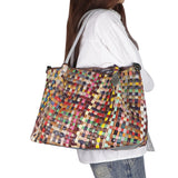 Royal Bagger Genuine Leather Tote Bags, Colorful Knitting Handbag, Retro Large Capacity Shoulder Crossbody Bag 1792