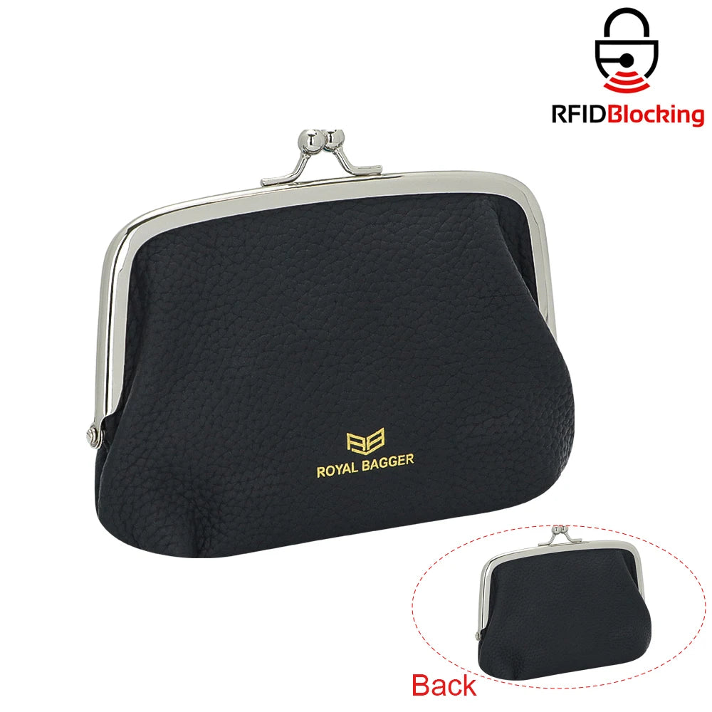 Royal Bagger RFID Blocking Coin Purses for Women, Fashion Kiss Lock Change Pouch, Double Clip Key Card Storage Bag 1858-1